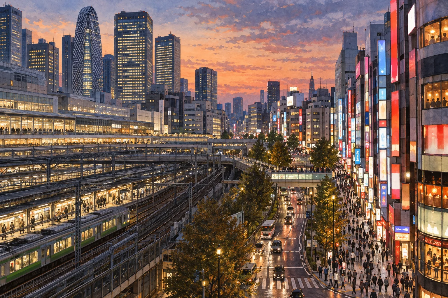 新宿駅から歌舞伎町へ続く夕暮れの街