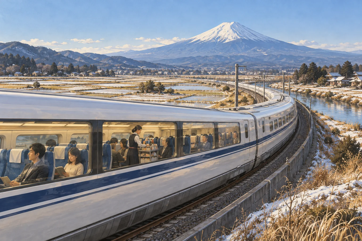 田園を高速で走る新幹線と遠くの富士山