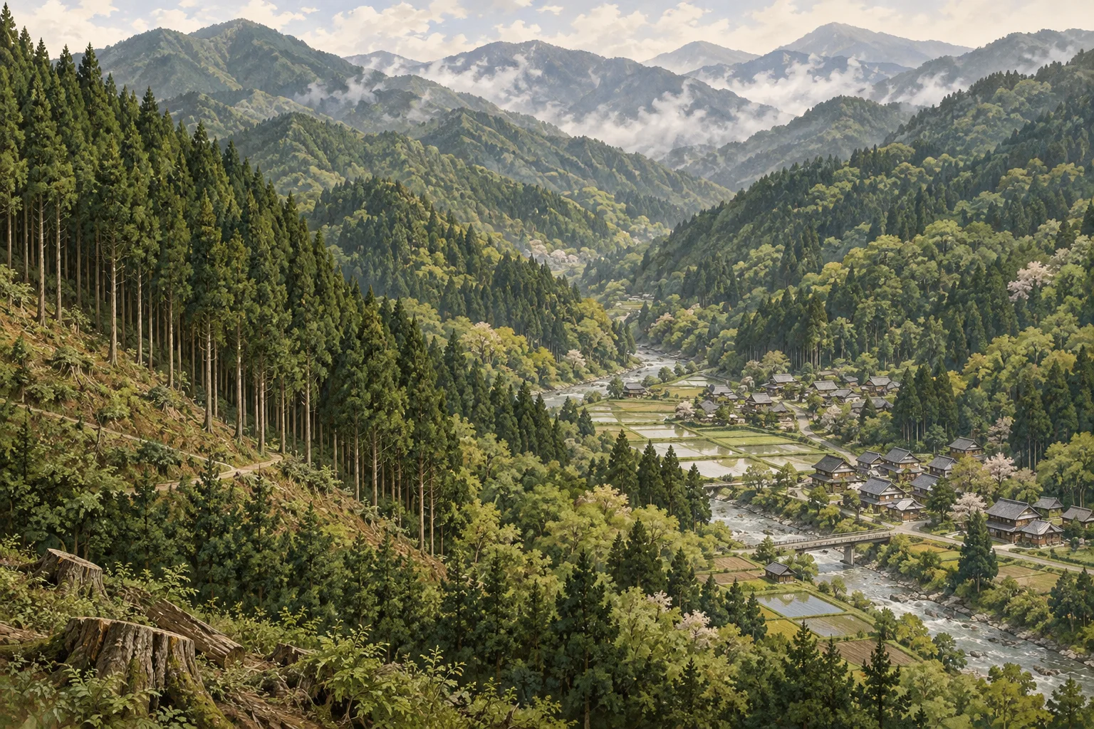 深い森林と狭い平地に広がる集落