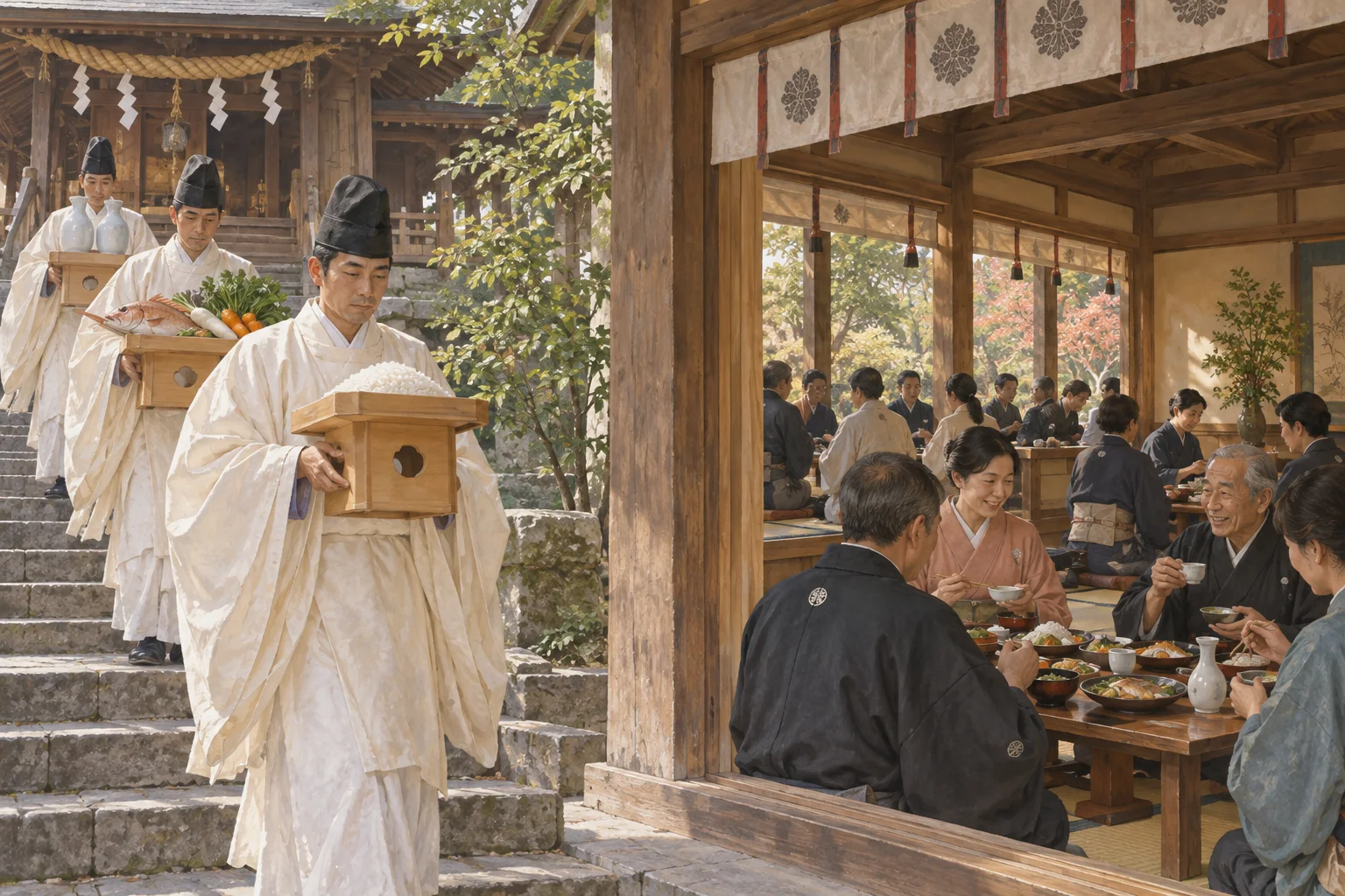 神前に供えた神饌を下げて直会で分かち合う人々