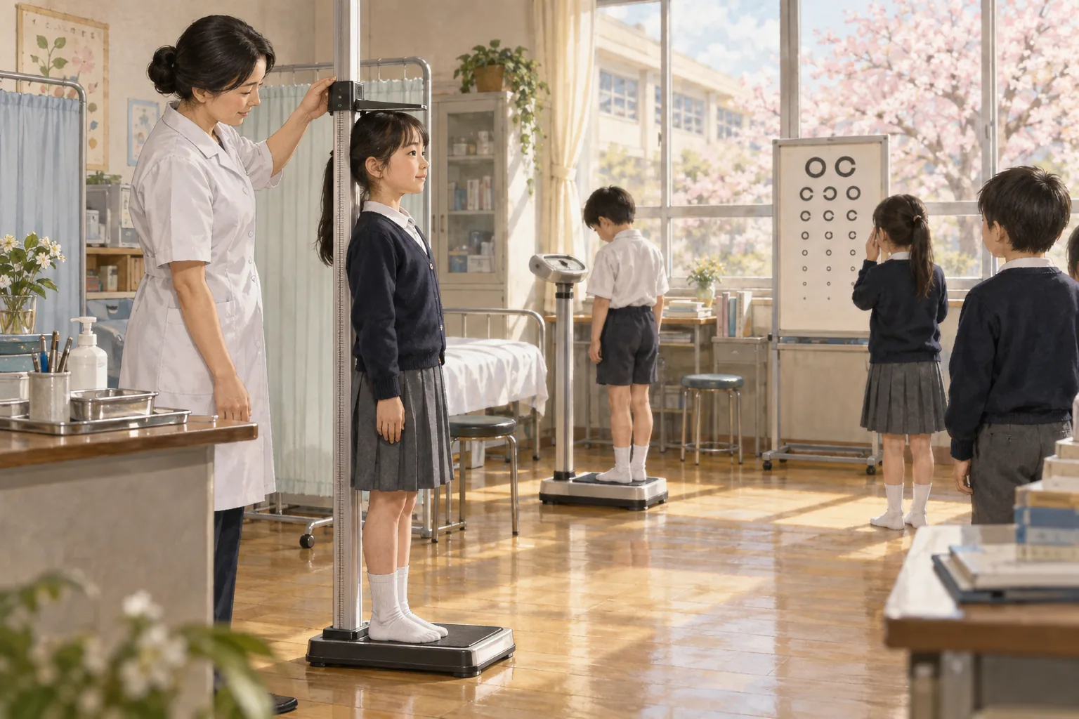 保健室で身長測定を受ける児童と順番を待つ同級生