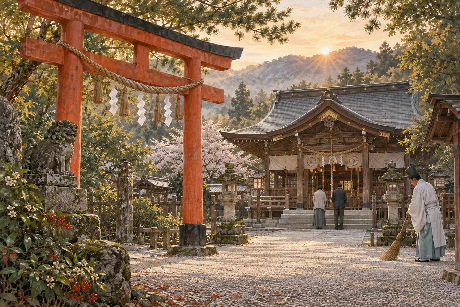 朝の神社で拝礼する参拝者と境内を整える神職