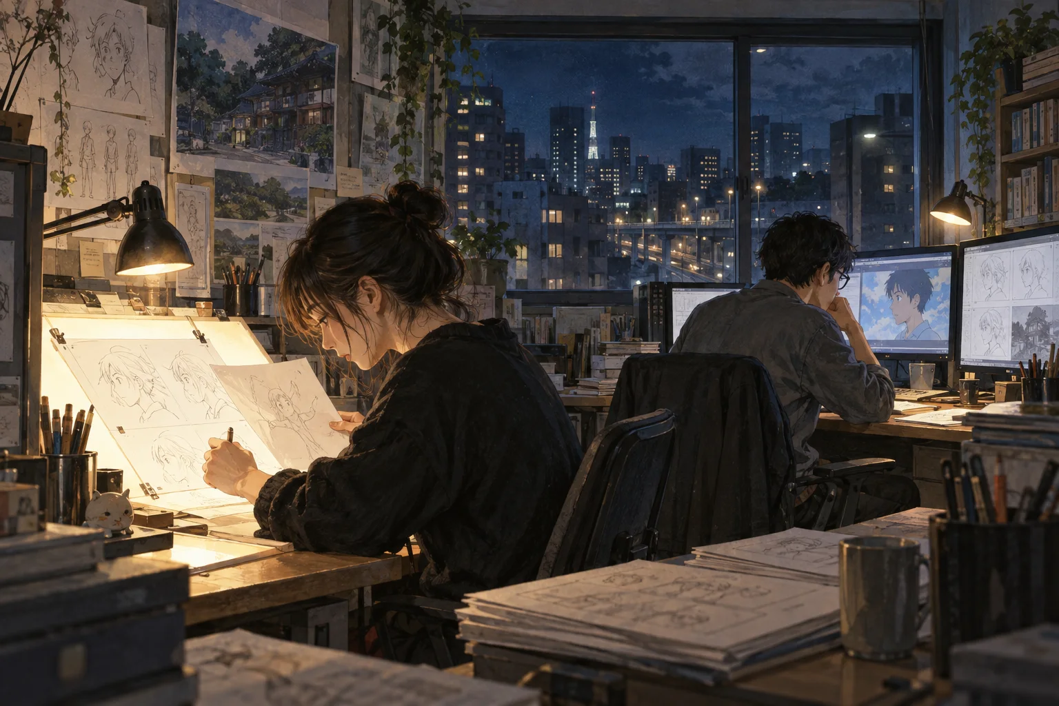 深夜に作画を確認するアニメ制作スタッフ