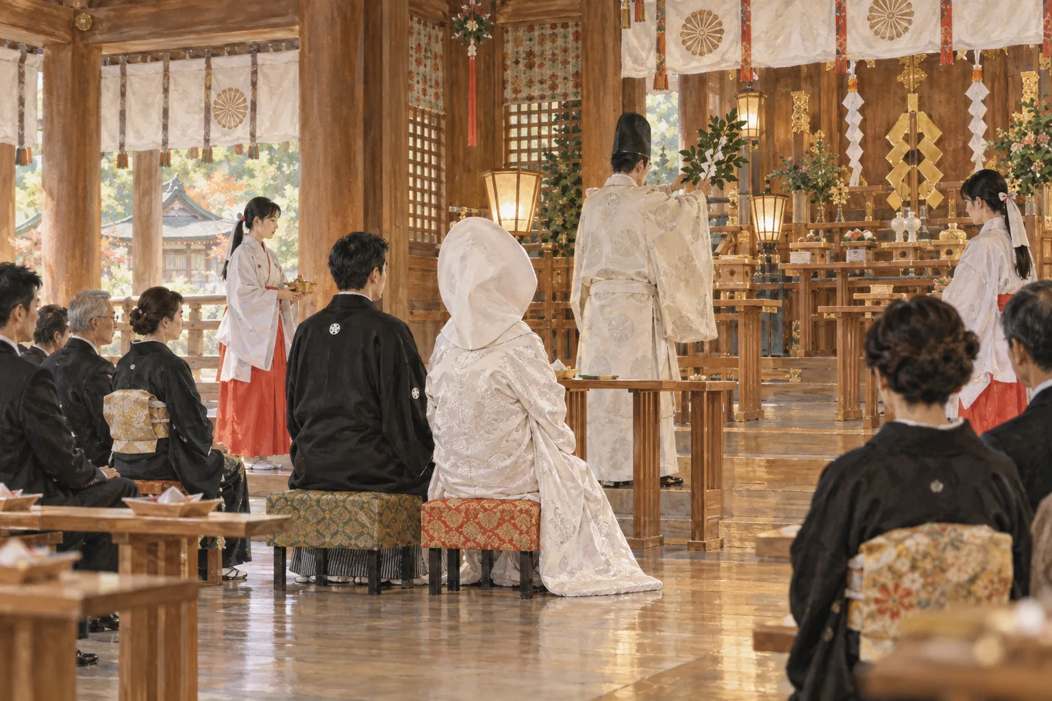 神社の祭壇前で行われる神前結婚式