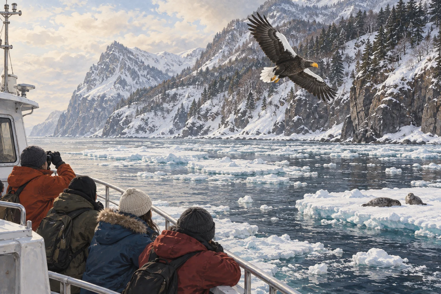 流氷の海から知床の雪山とオオワシを見る旅行者