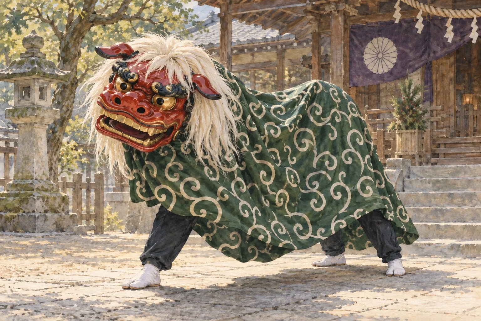 赤い獅子頭と緑の唐草模様の胴幕で舞う獅子舞