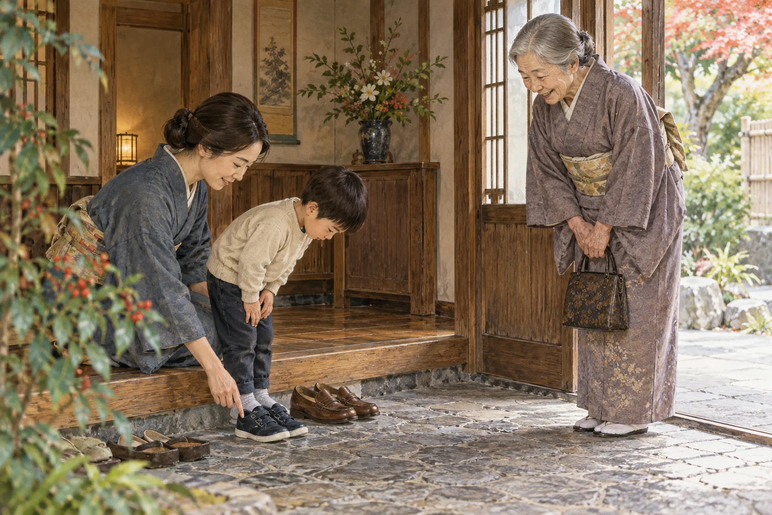 玄関で靴の揃え方と挨拶を教わる子ども