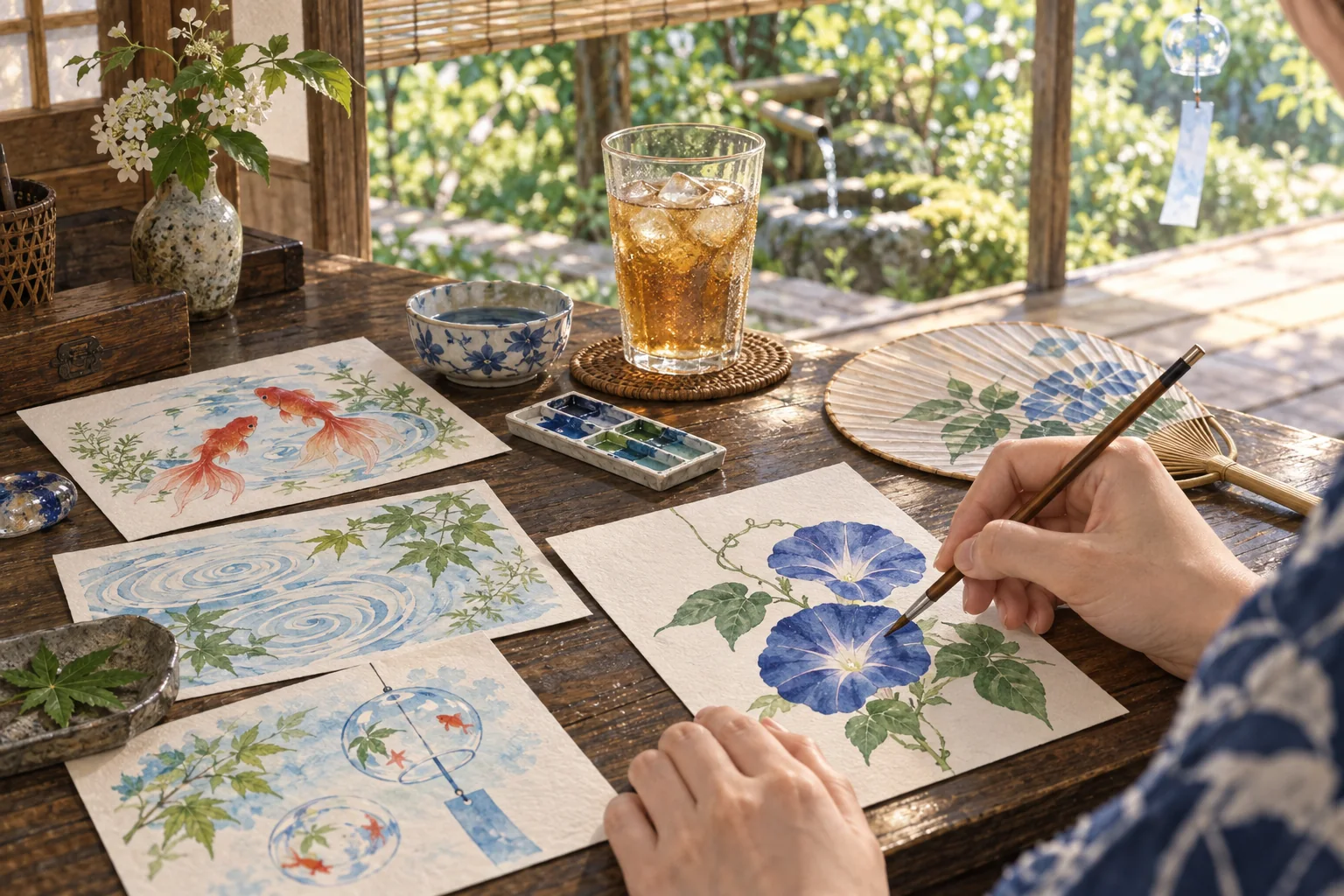 夏の窓辺で朝顔の絵を添えた暑中見舞いを書く手元