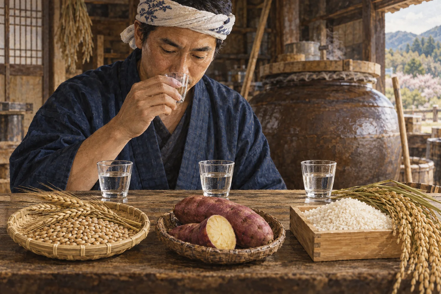 原料の異なる焼酎を比べる蒸留所の職人