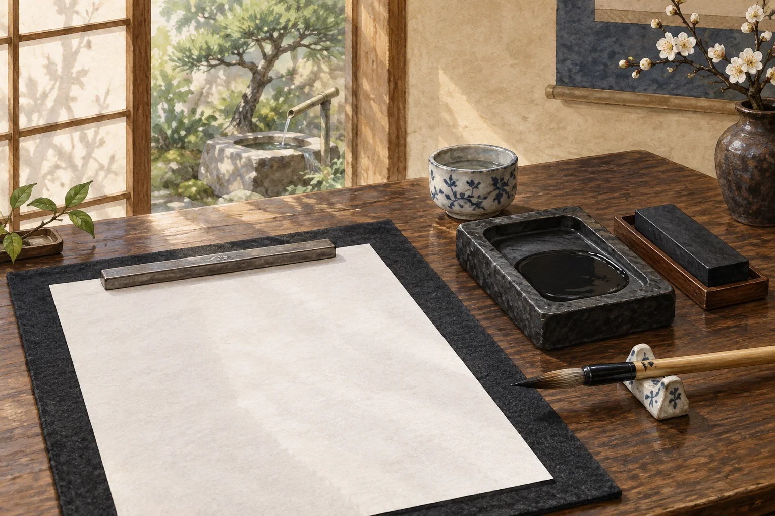 墨を含ませた筆と硯、文鎮を載せた半紙が並ぶ書道の道具