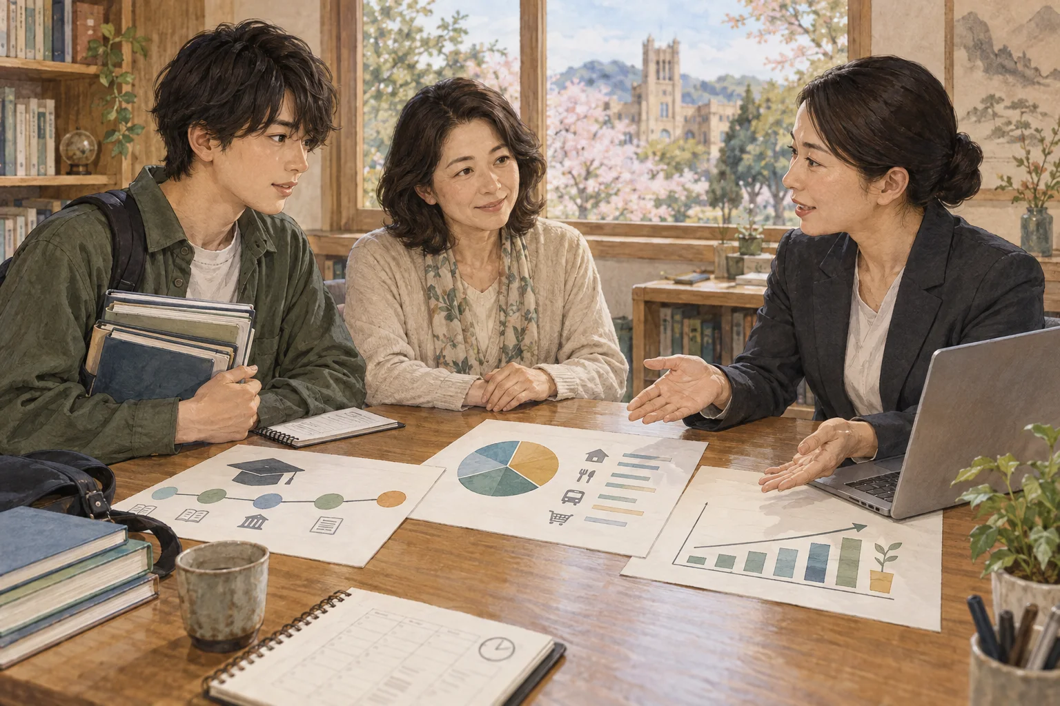 進学費用と奨学金の返済計画を相談する学生