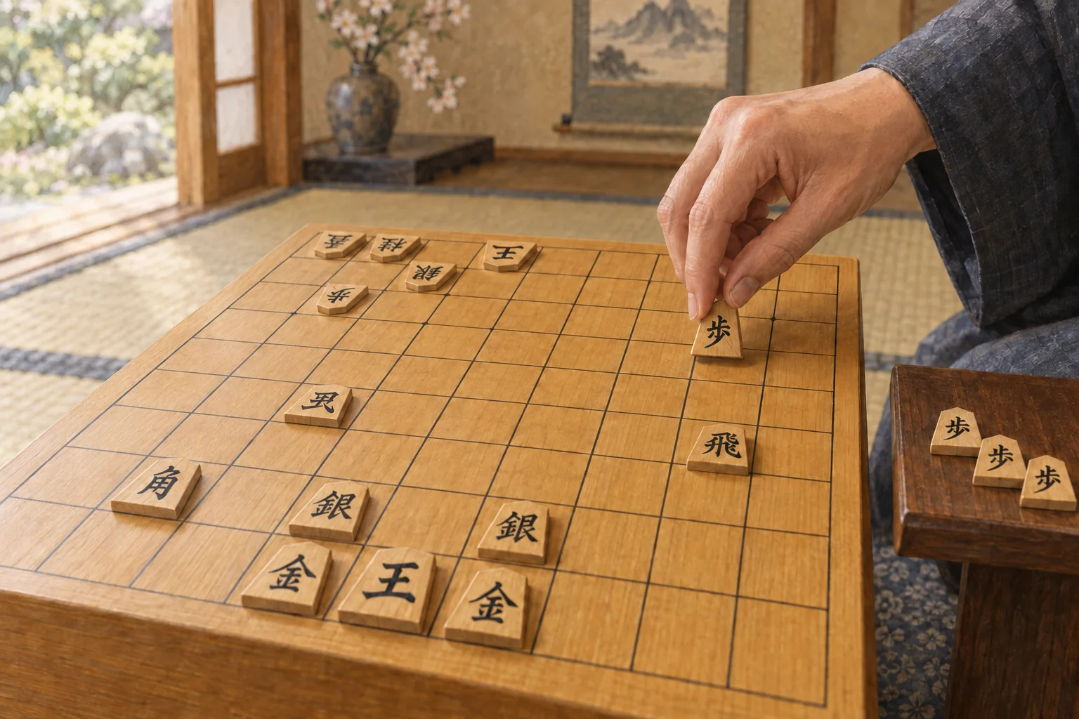 九路の将棋盤に持ち駒を打つ手元