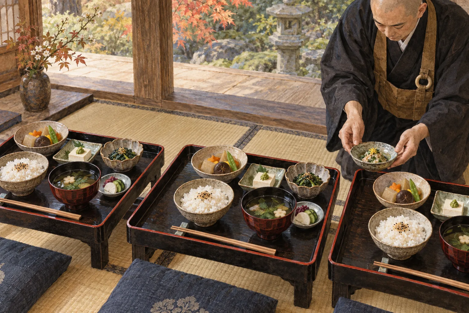 寺で供される野菜と豆腐中心の精進料理