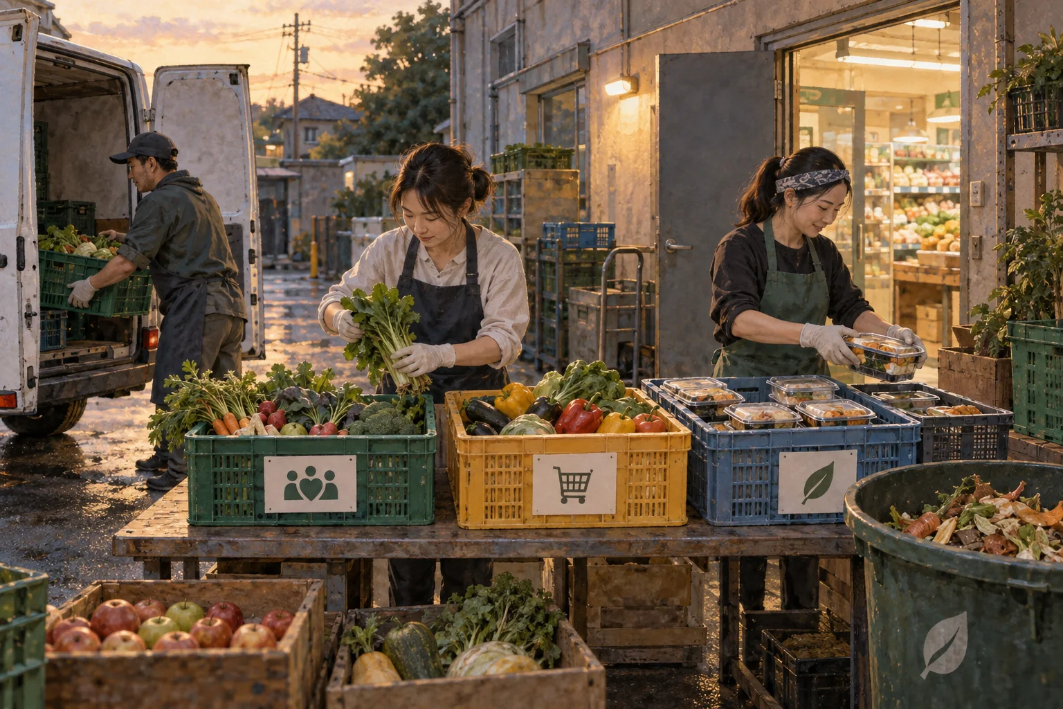 売れ残り食品を寄付や値引き用に分ける店員たち
