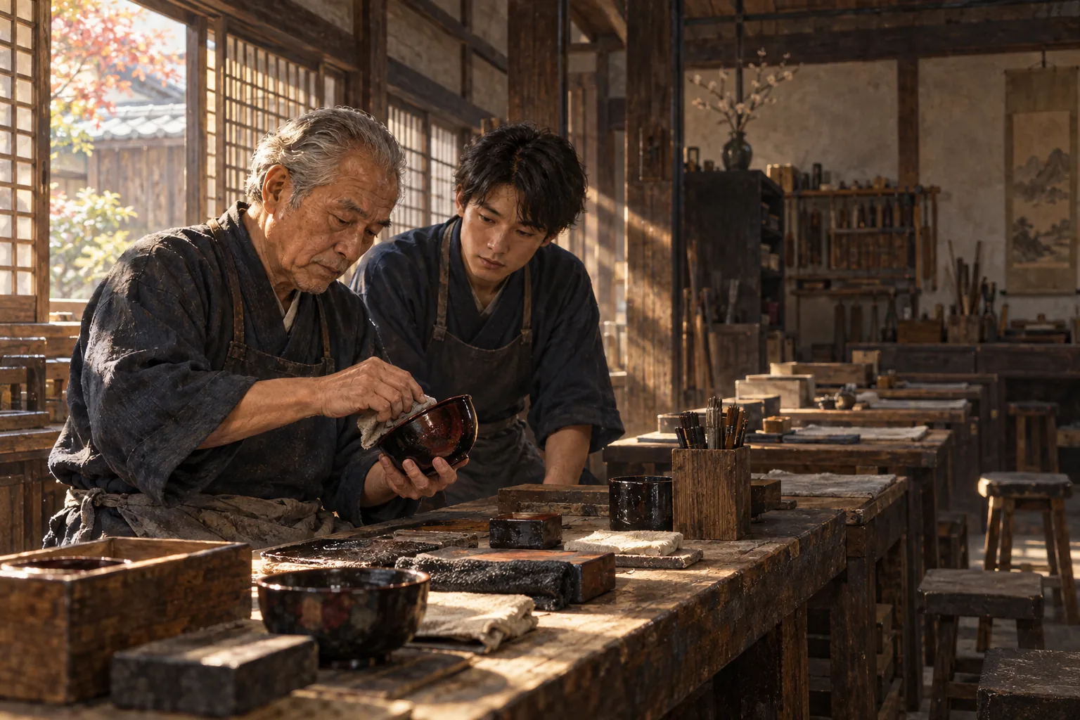 空いた作業台のある工房で若い弟子に技を教える高齢の職人