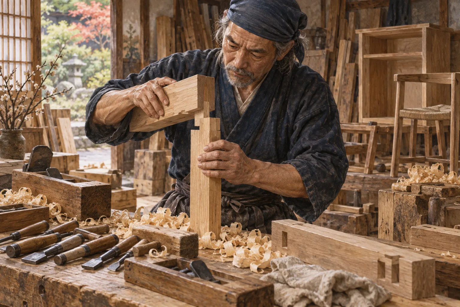 木組みを手作業で仕上げる熟練の職人