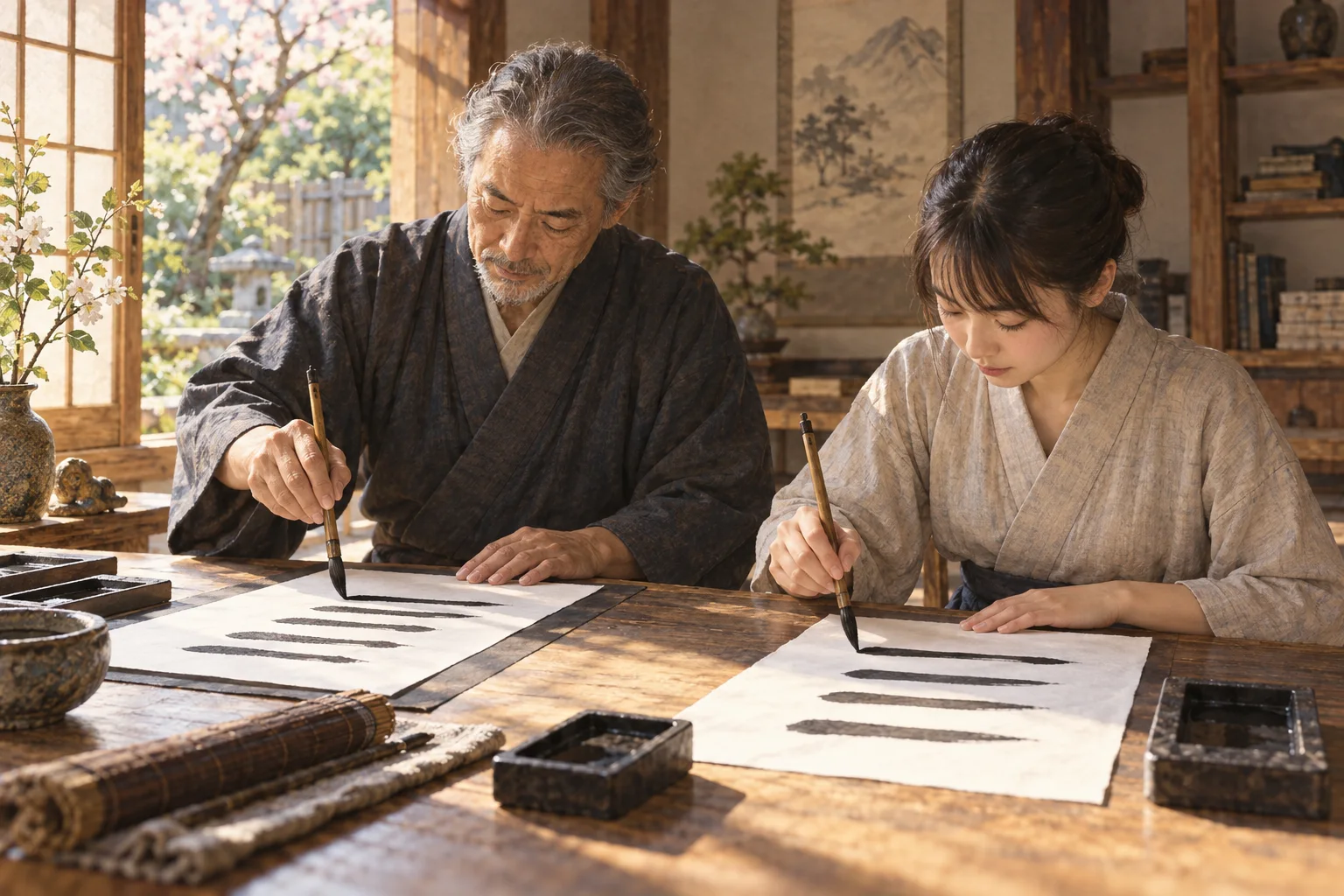 初心に戻って基本の筆運びを稽古する熟練の書家