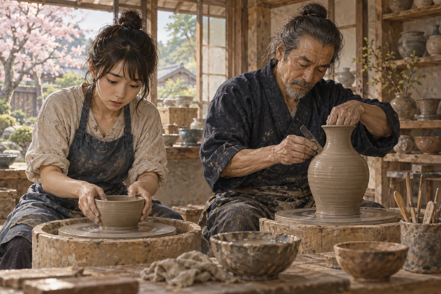 陶芸工房で並んで作業する初心者と玄人