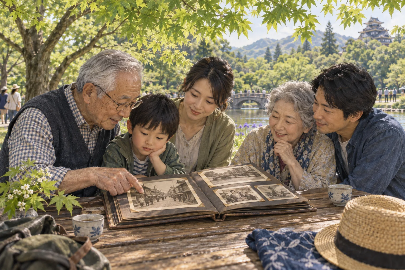新緑の公園で昭和の写真アルバムを囲む家族