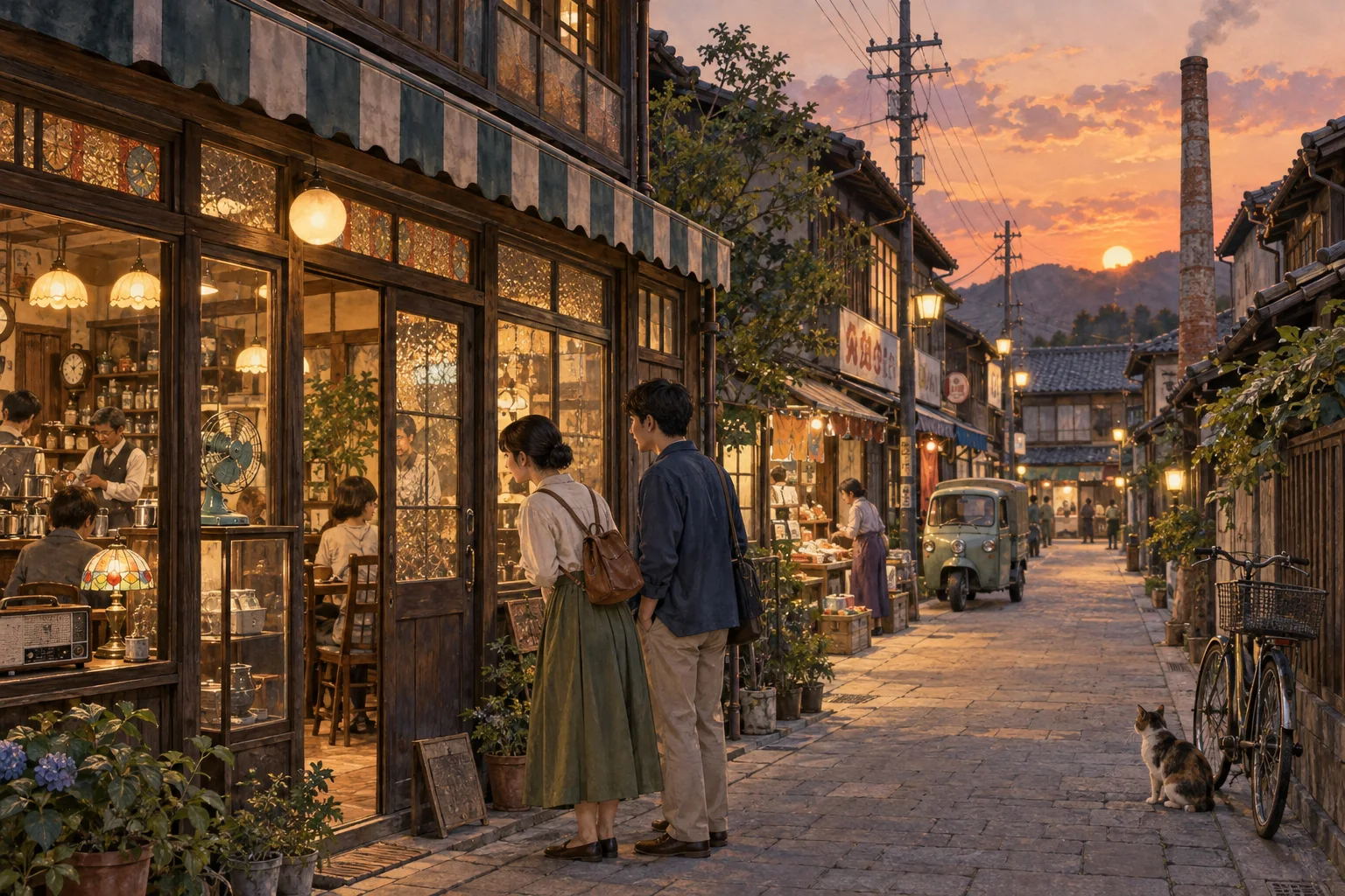 昭和の面影を残す夕暮れの商店街