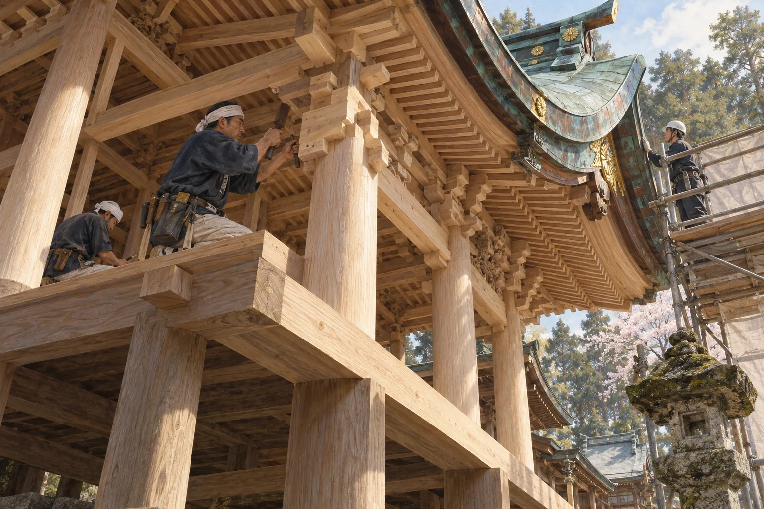 檜の組物と屋根を修復する神社建築の職人たち