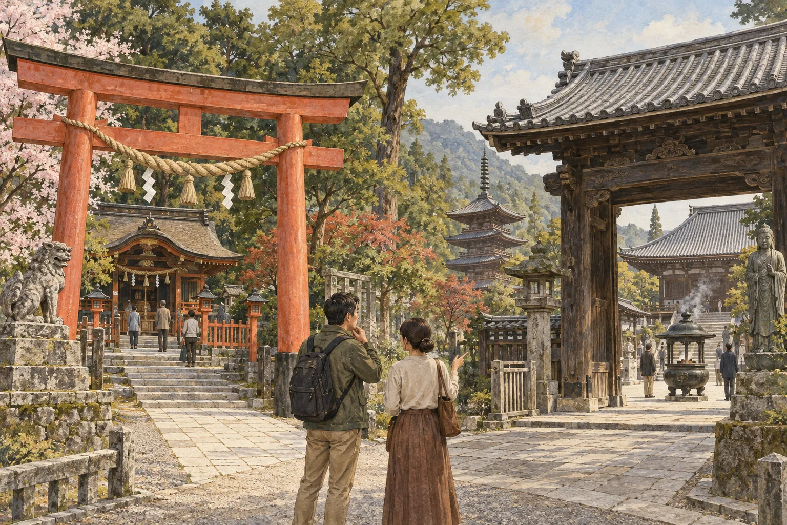 鳥居のある神社と山門のある寺を見比べる風景