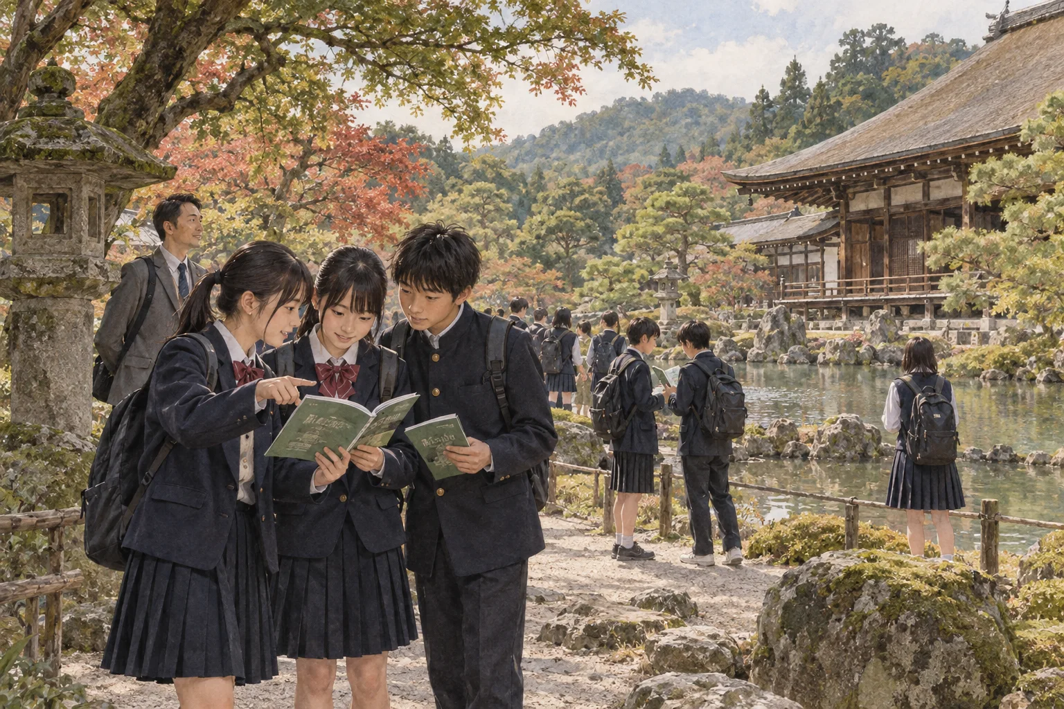 修学旅行で歴史的な寺院を見学する中学生