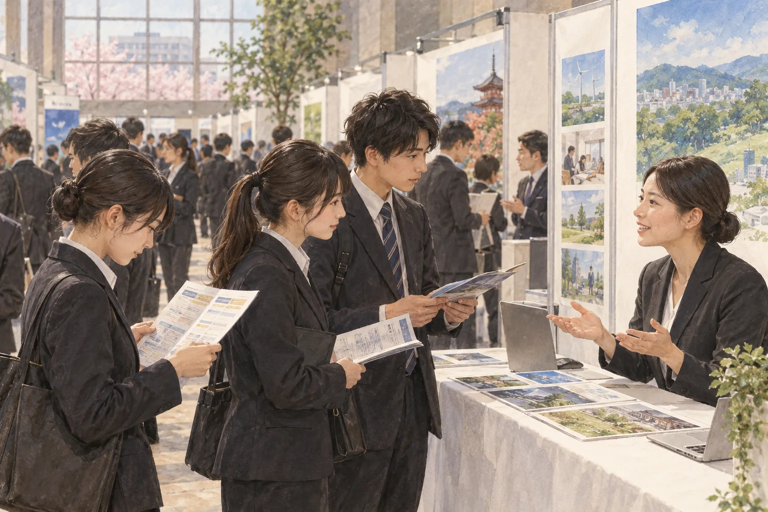 合同説明会で企業担当者と話す就職活動中の学生