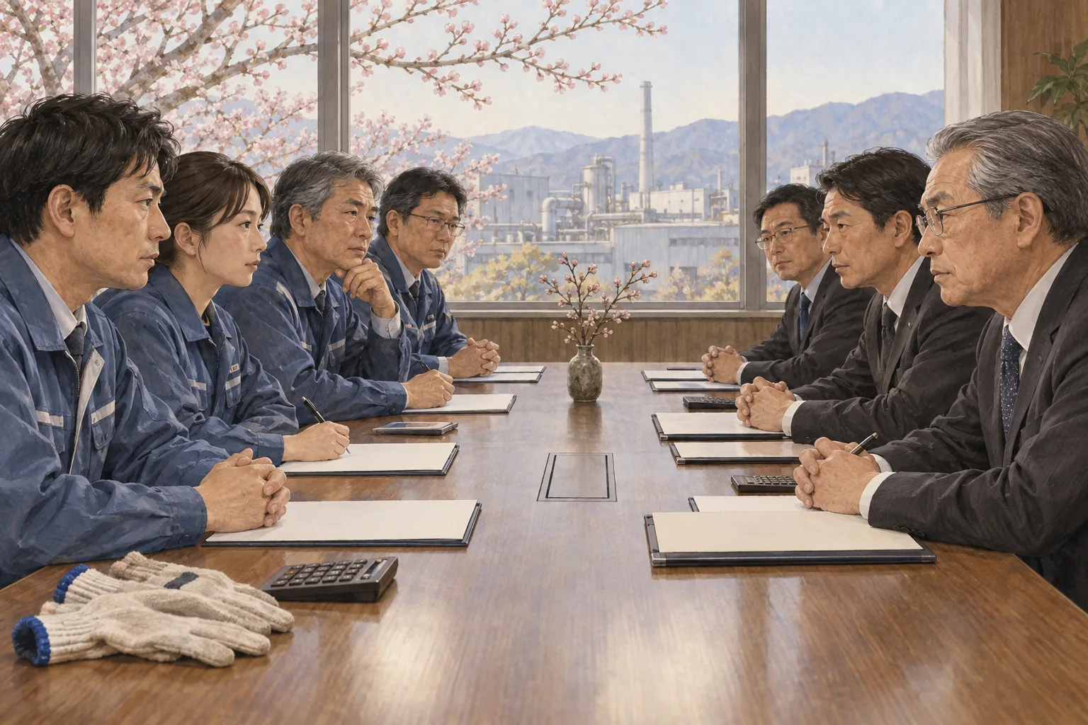 桜の芽吹く季節に賃金案を挟んで向き合う労使の交渉