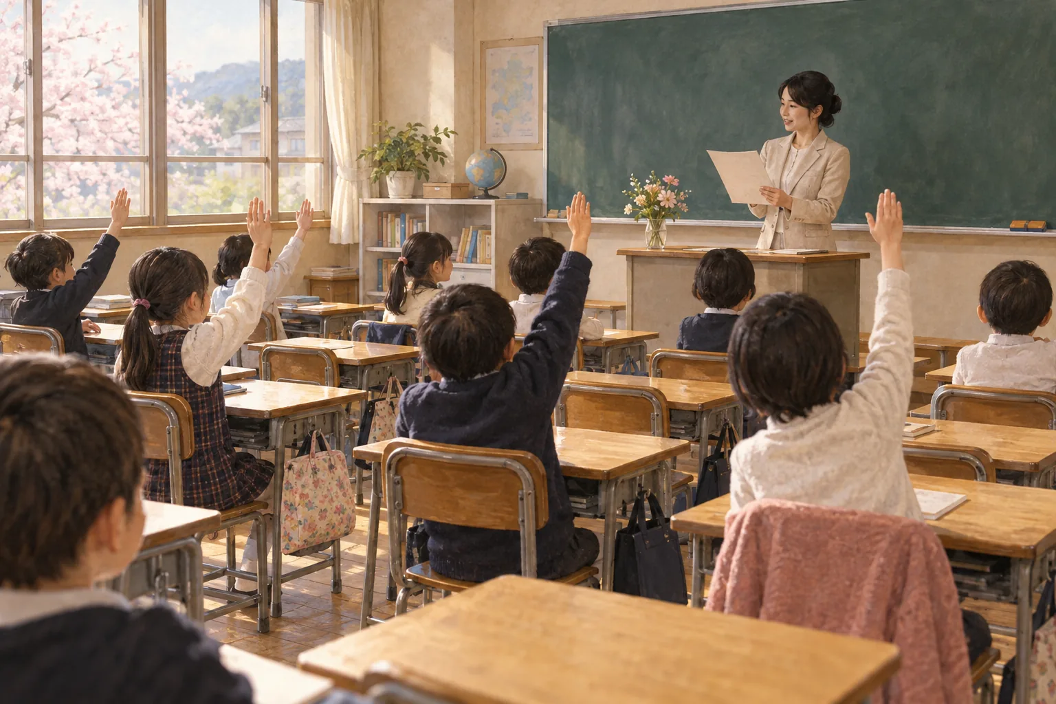 新学期の教室で出席番号順に返事をする児童