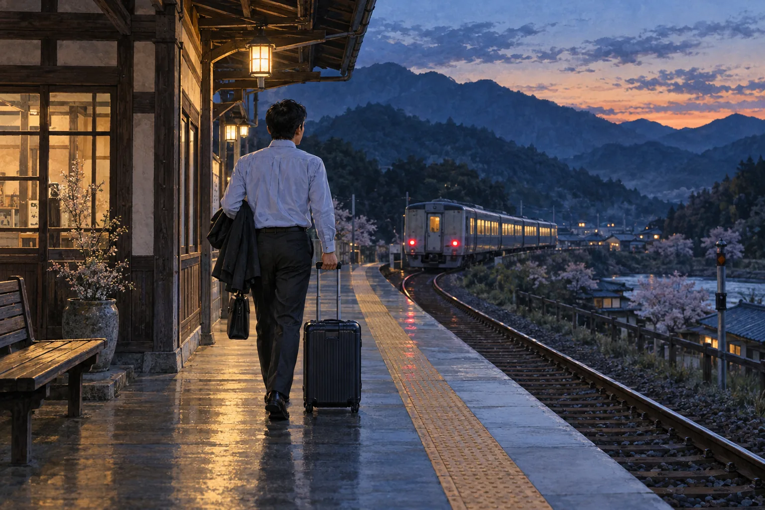 地方駅のホームを出張用の荷物を持って歩く会社員