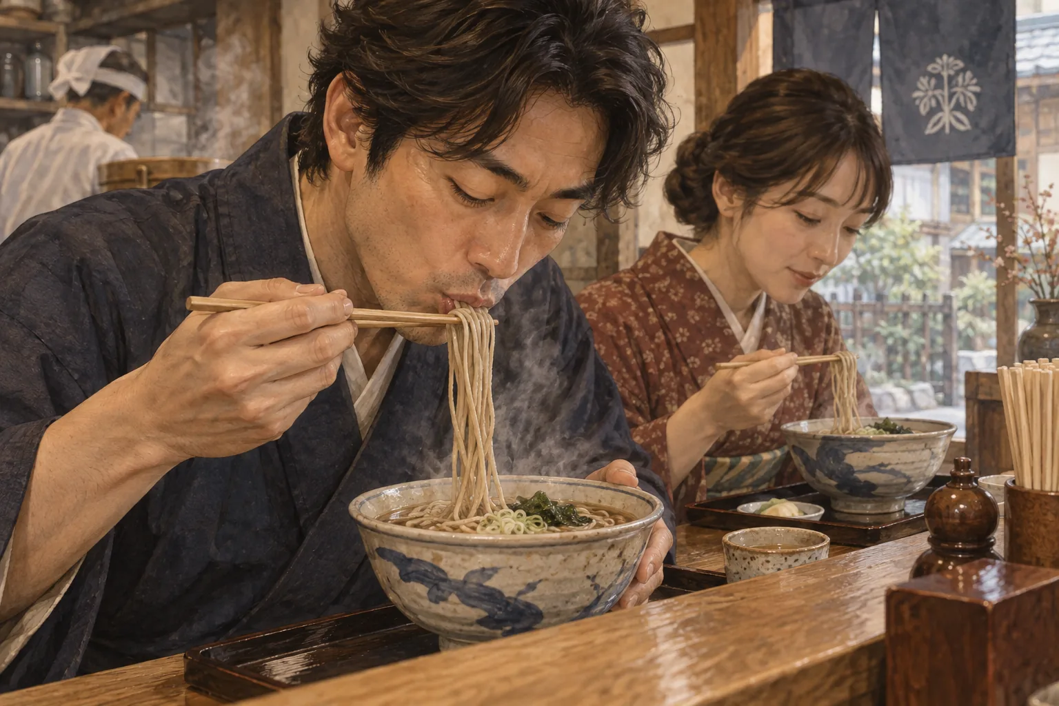そば店で湯気の立つ麺をすすって食べる客