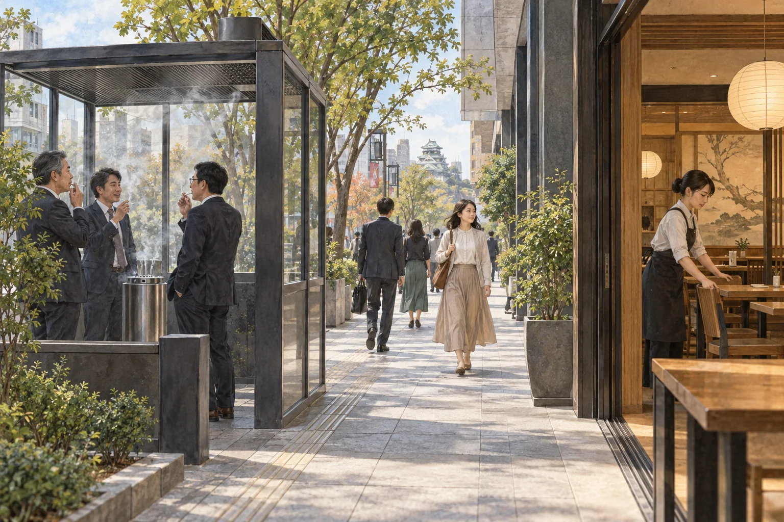 指定喫煙所と禁煙の歩行空間を使い分ける街の人々