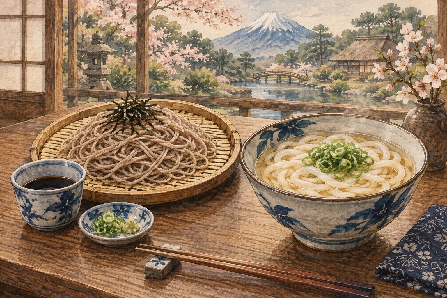 ざるそばと温かいうどんを並べた食卓