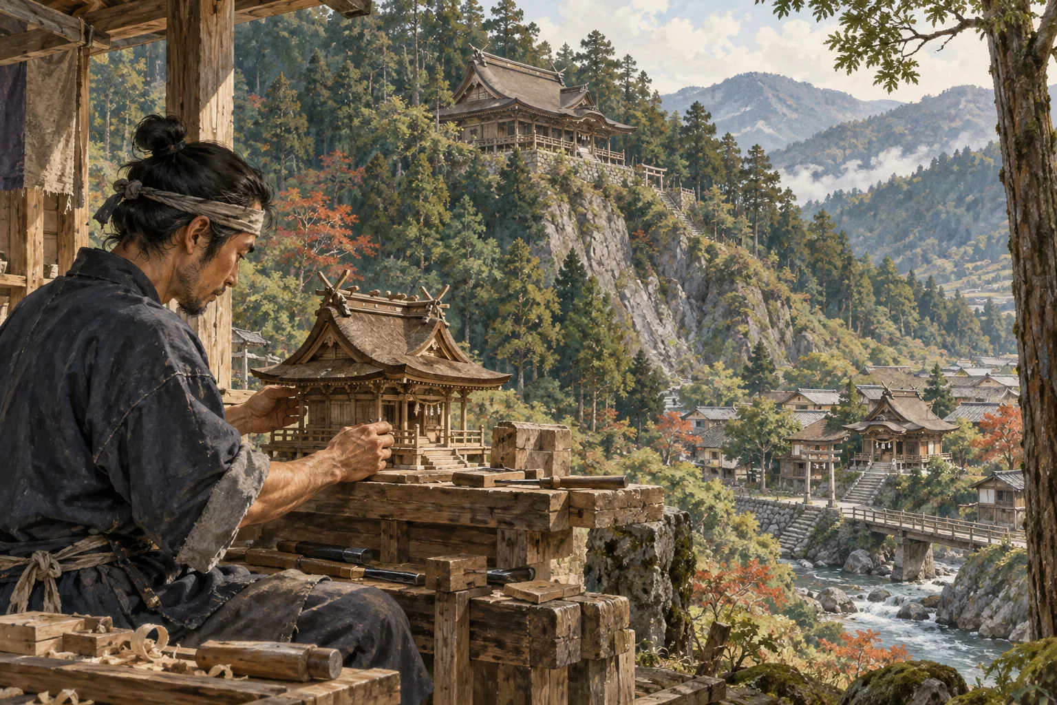 山の総本社と里の分社のつながりを社殿の形で示す風景