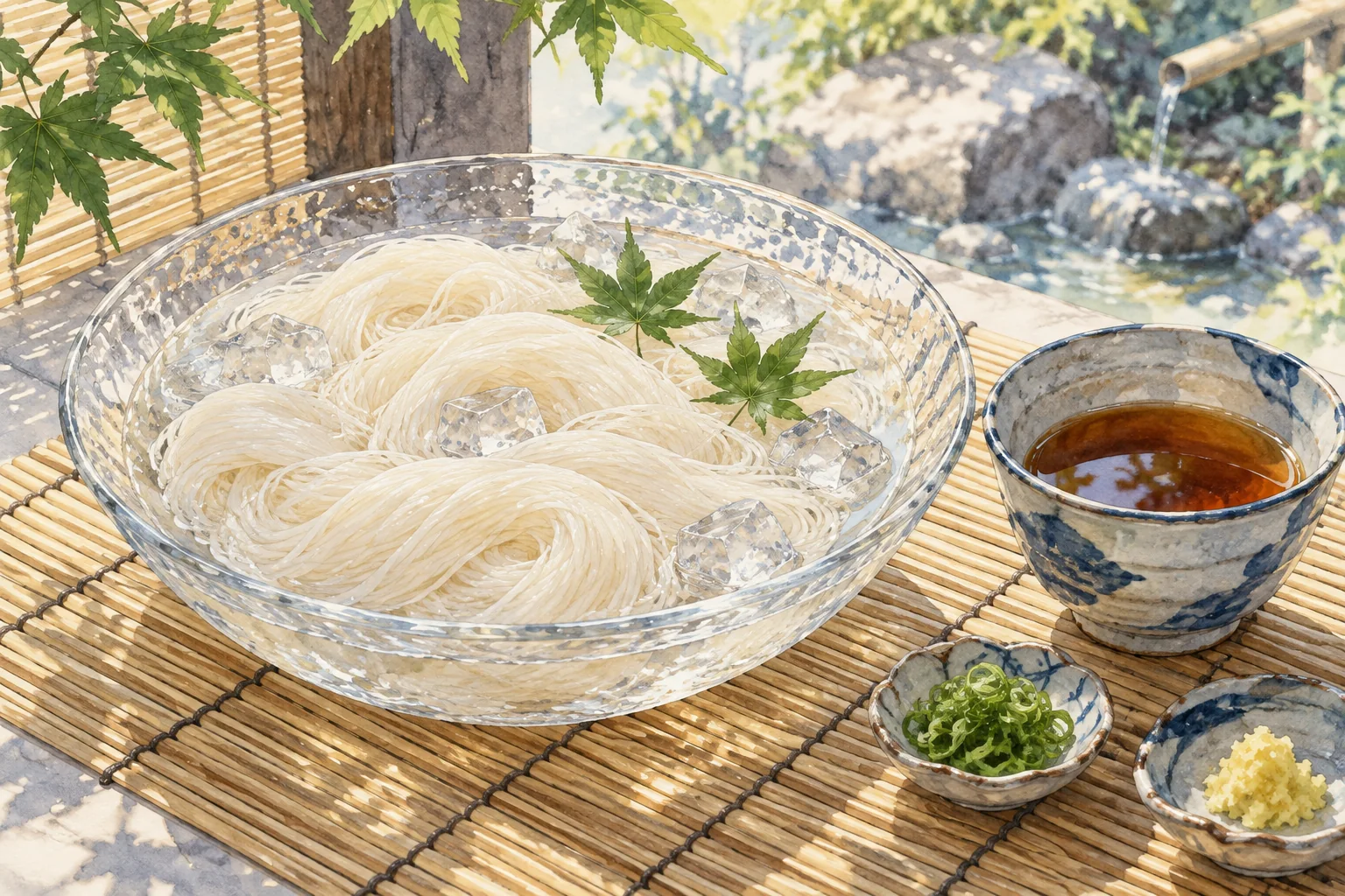 ガラスの器に盛ったそうめんと、つゆや薬味
