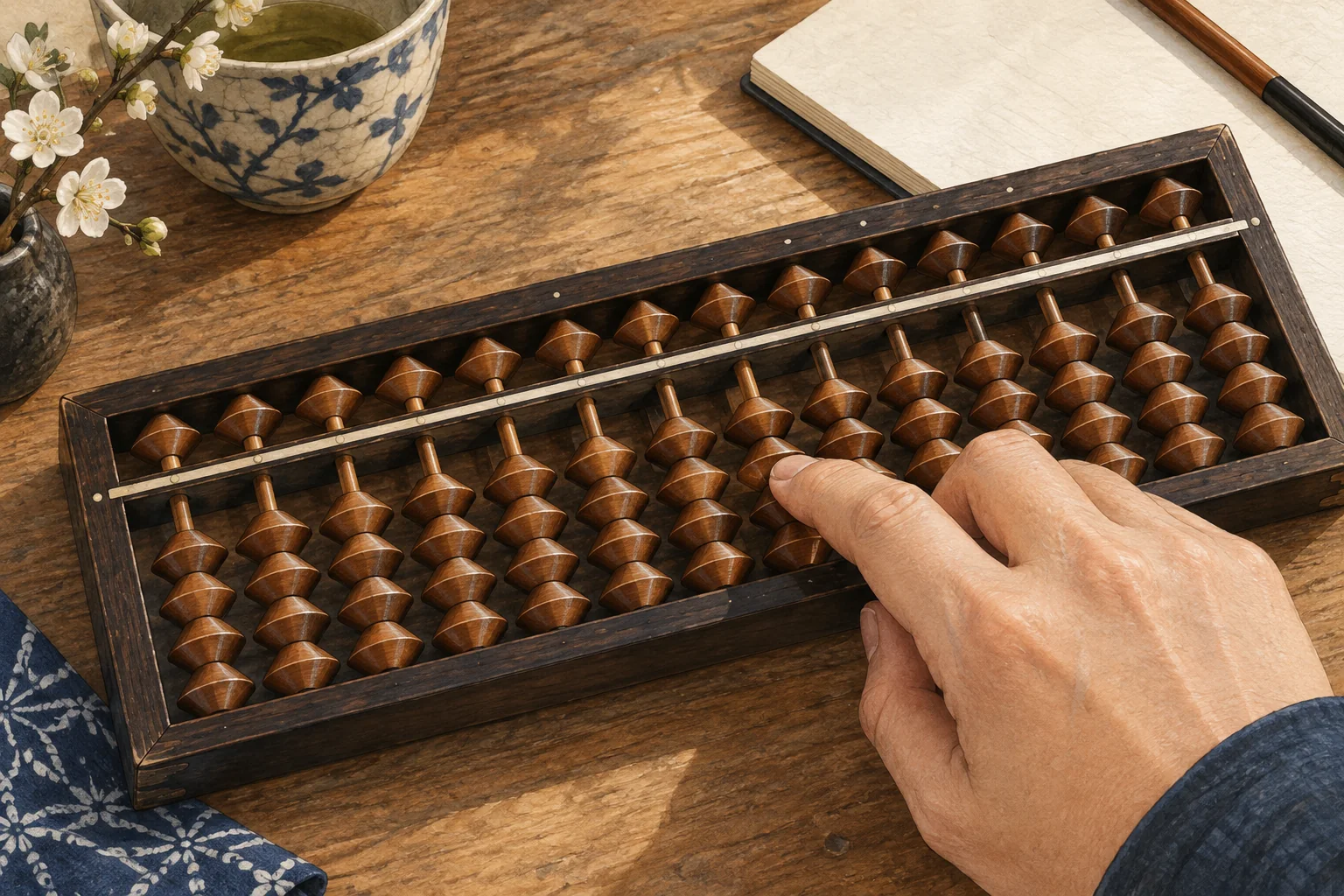 一珠四珠のそろばんで珠を動かす手元