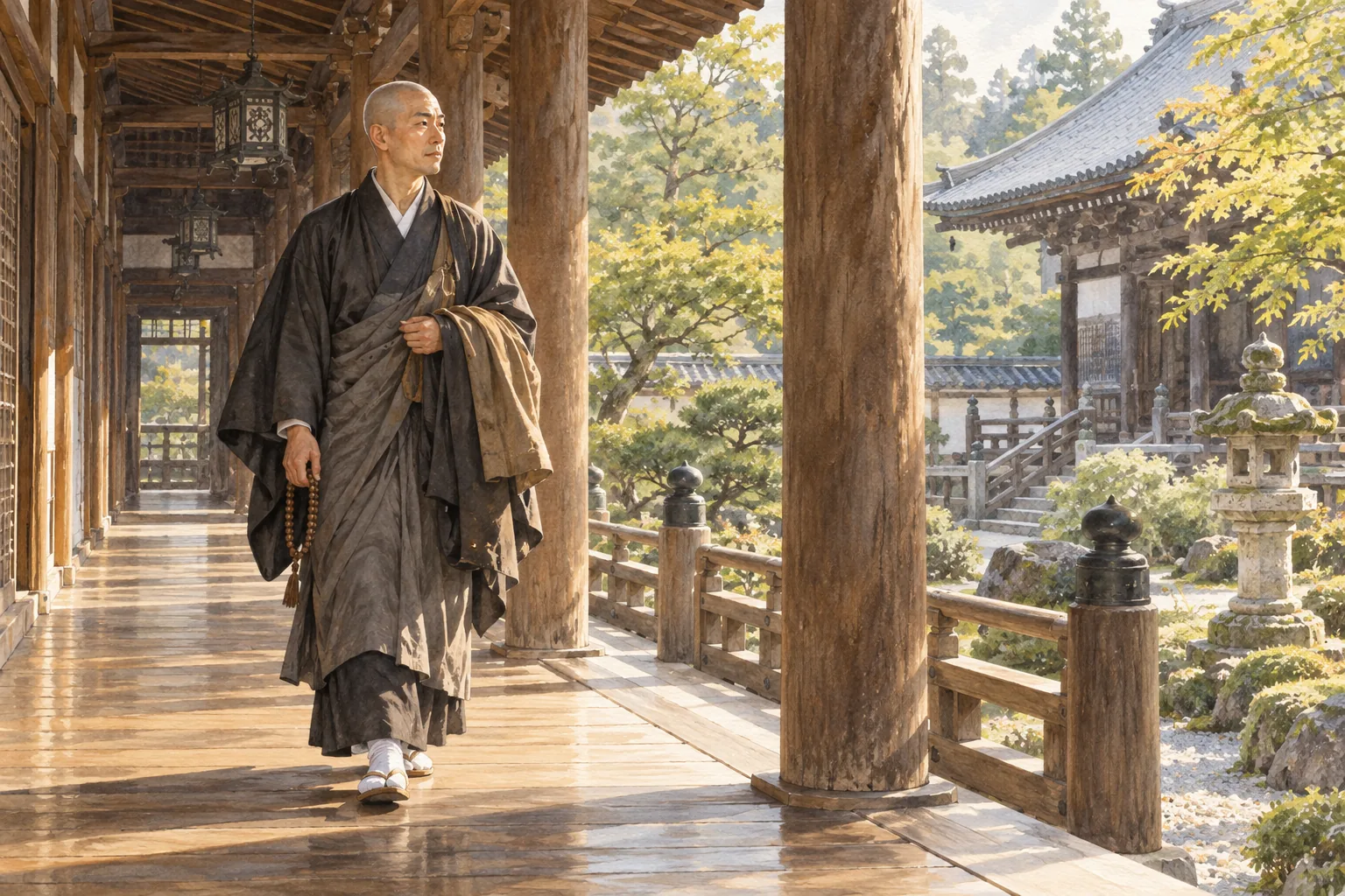 朝の寺の回廊を歩く日本の僧侶