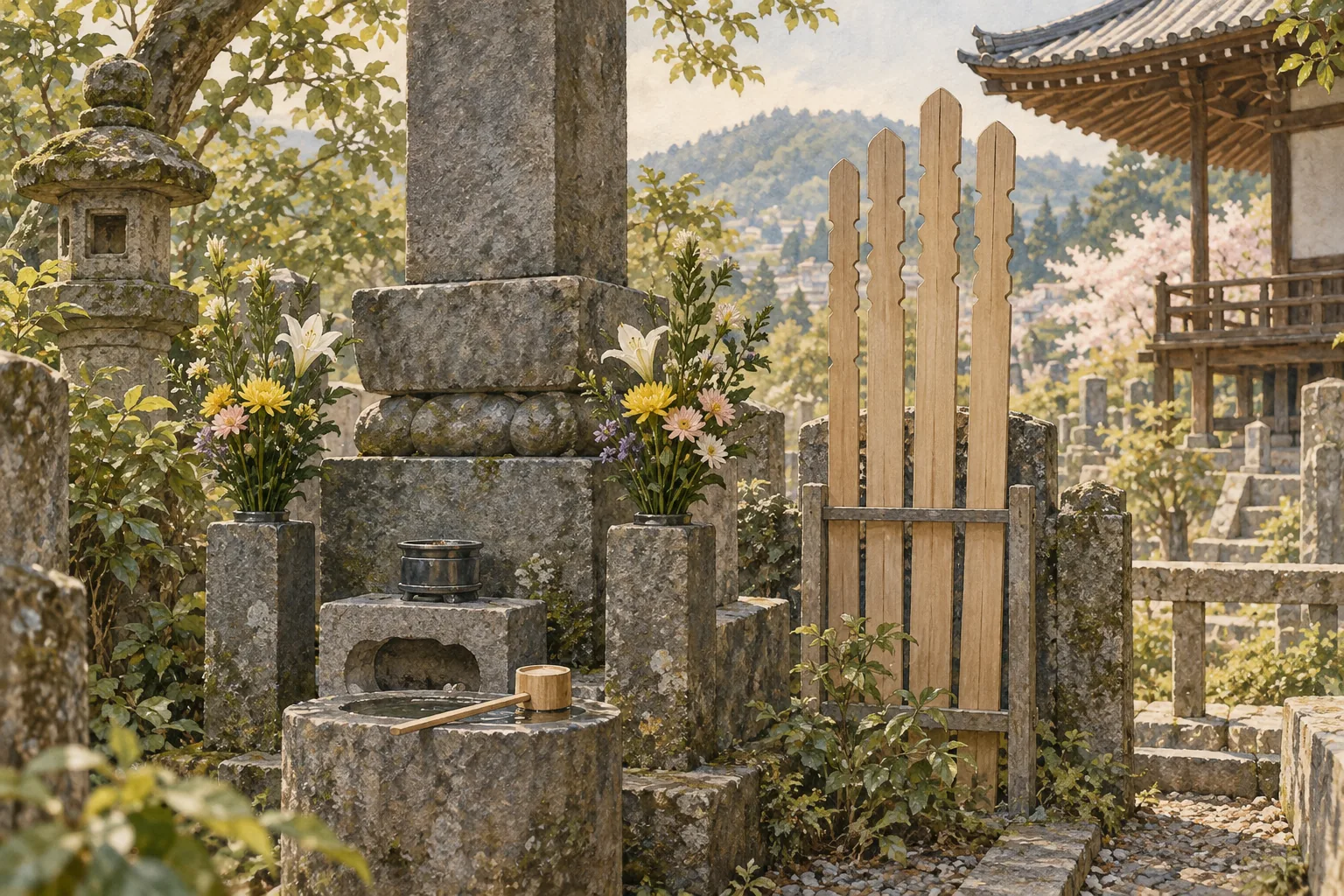墓石の脇に立てられた細長い卒塔婆
