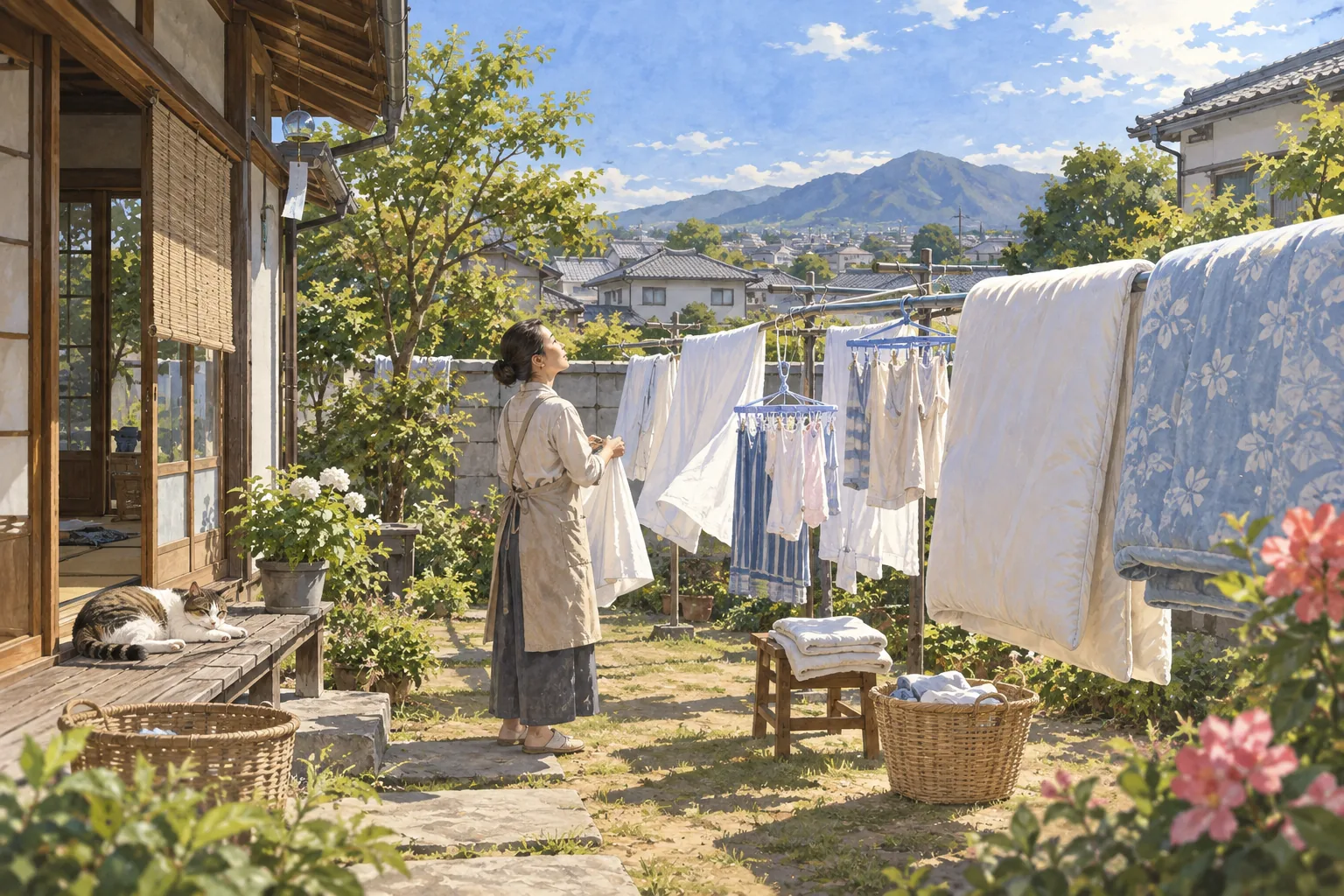 晴れた日に庭で洗濯物と布団を外干しする人