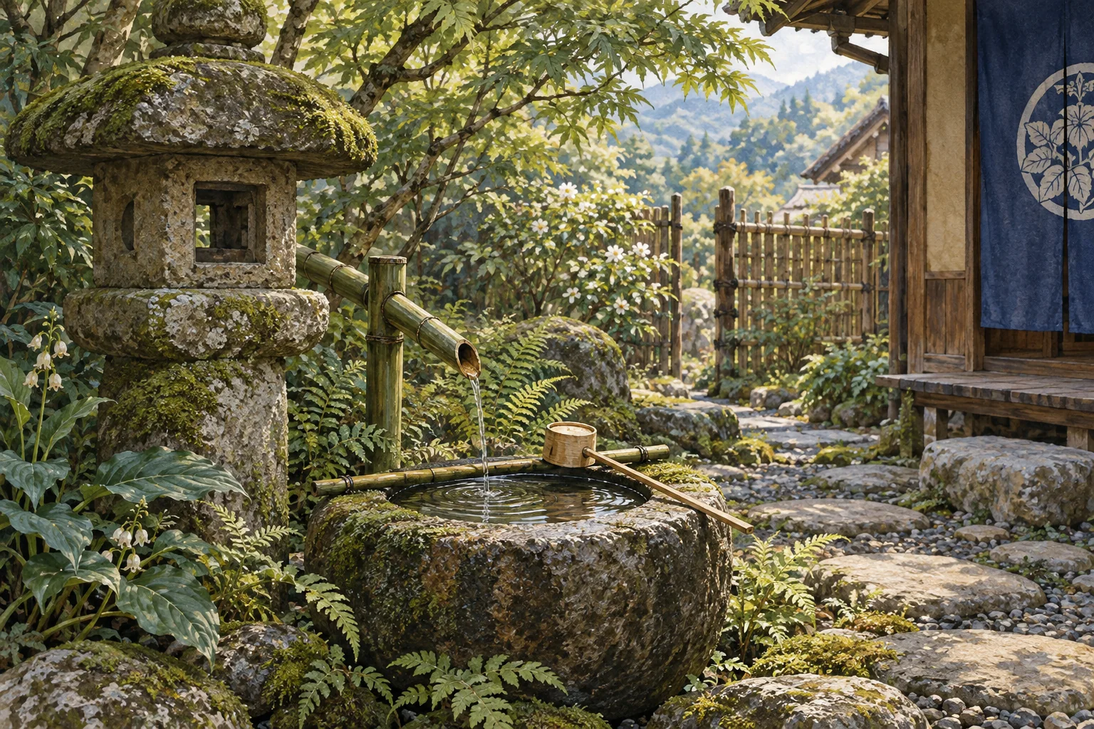 苔むした石灯籠と、竹の柄杓を添えた低い手水鉢がある庭