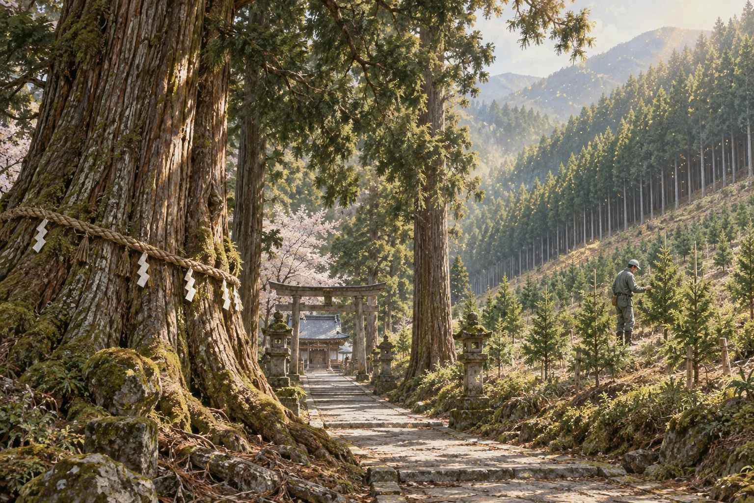 神社の杉の巨木と整然と植えられた人工林を見守る林業者