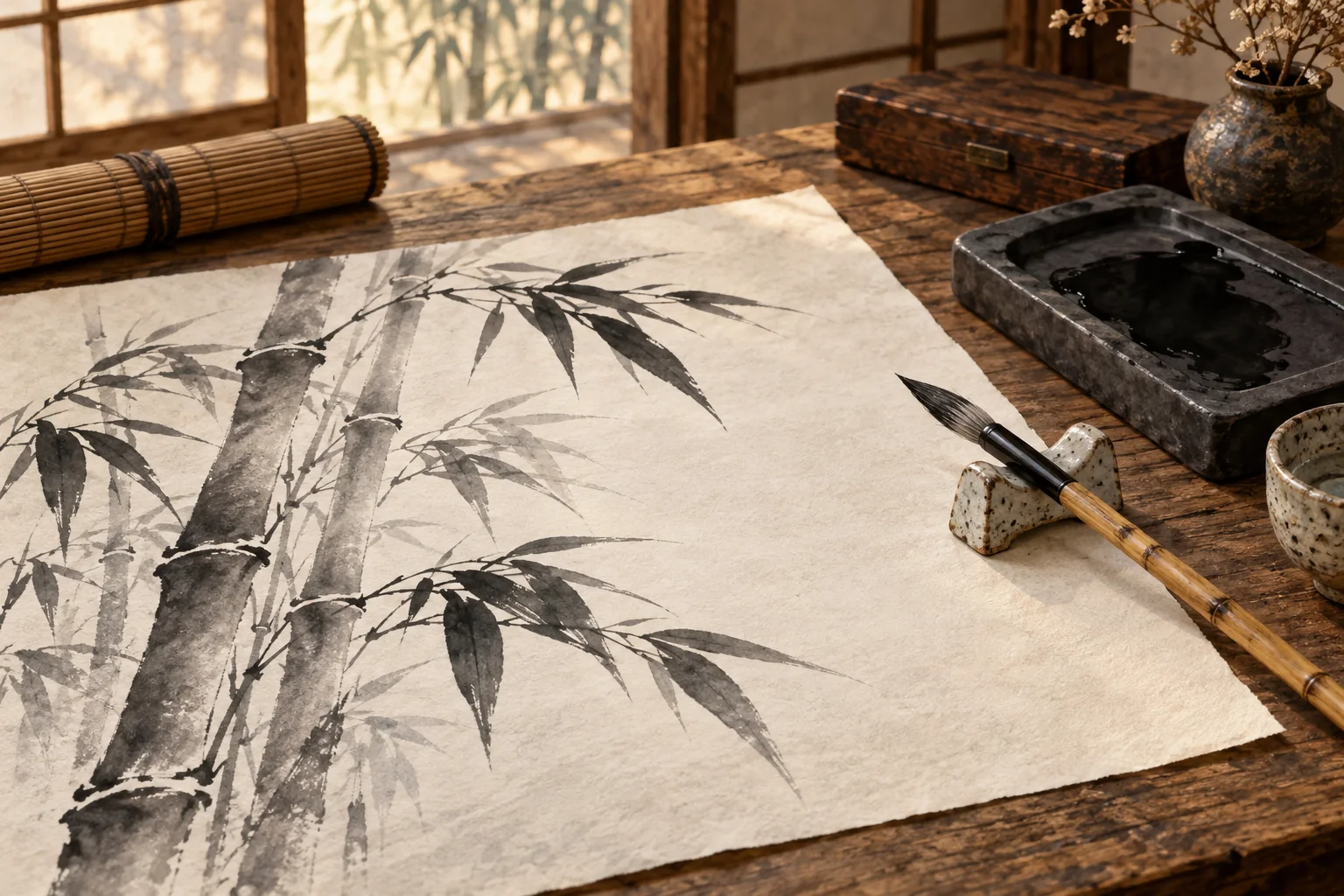 竹を墨の濃淡で描いた水墨画と、筆と硯