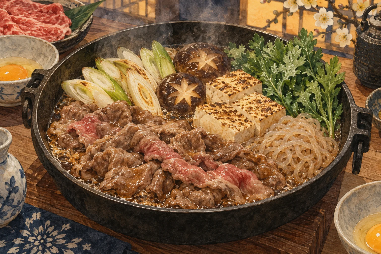 牛肉、ねぎ、焼き豆腐などを煮たすき焼き鍋