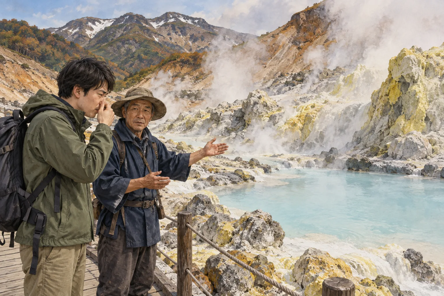 硫黄泉のにおいに驚く旅行者と黄色い鉱物の岩