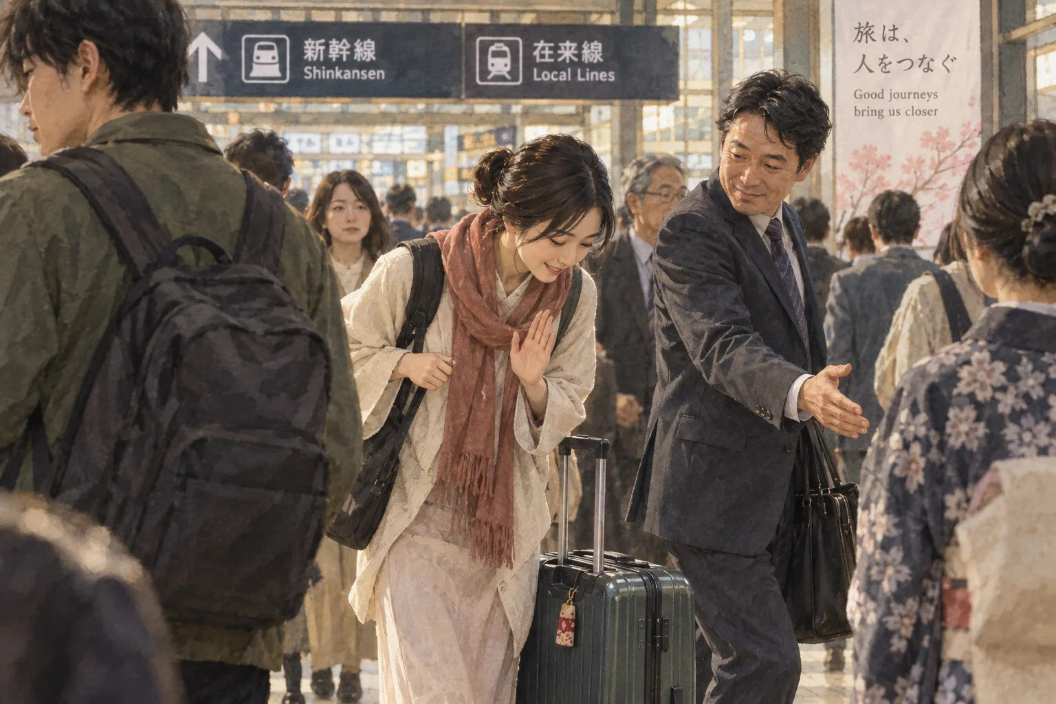 駅で「すみません」の気持ちを伝える旅行者