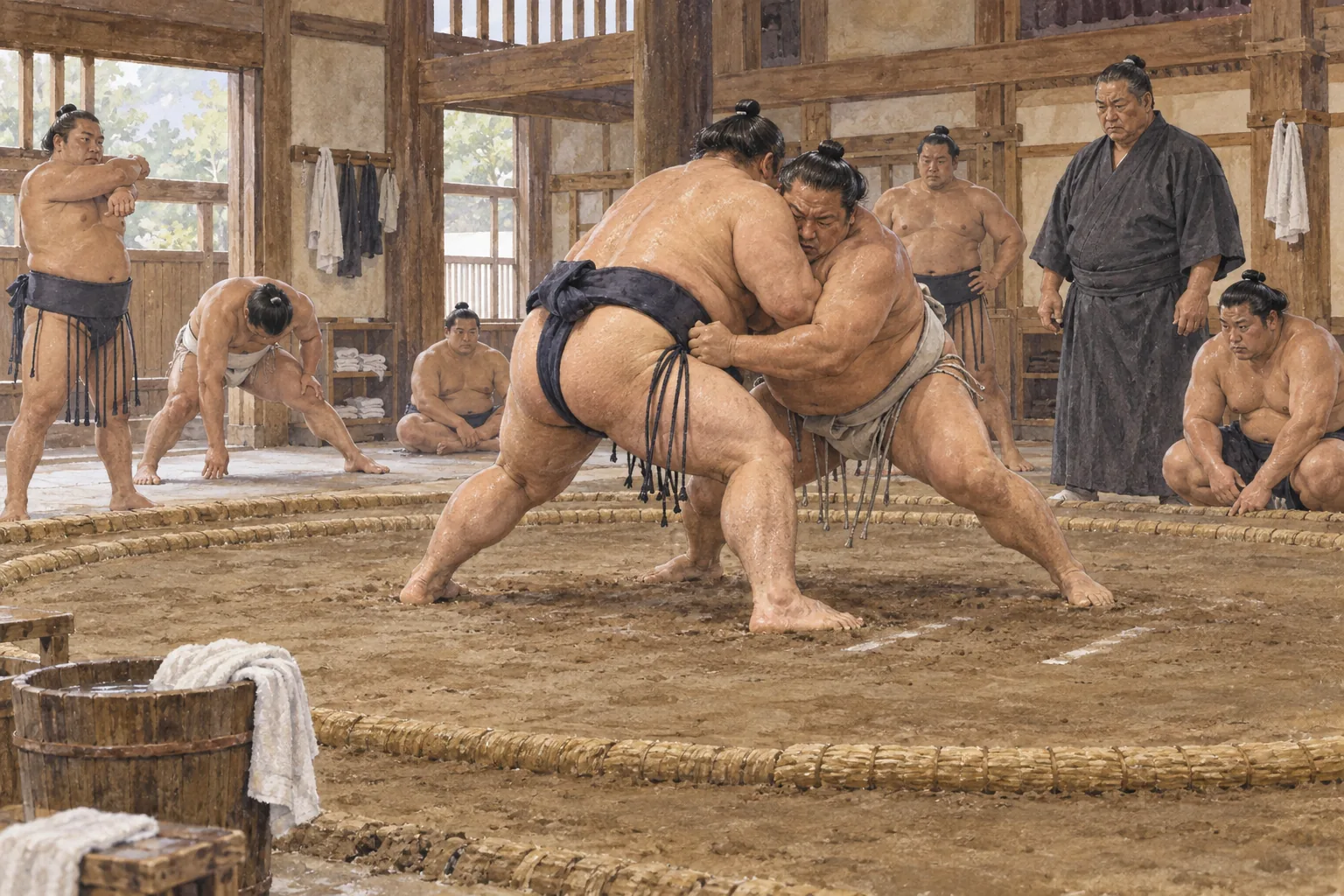 相撲部屋の土俵で朝稽古をする力士たち