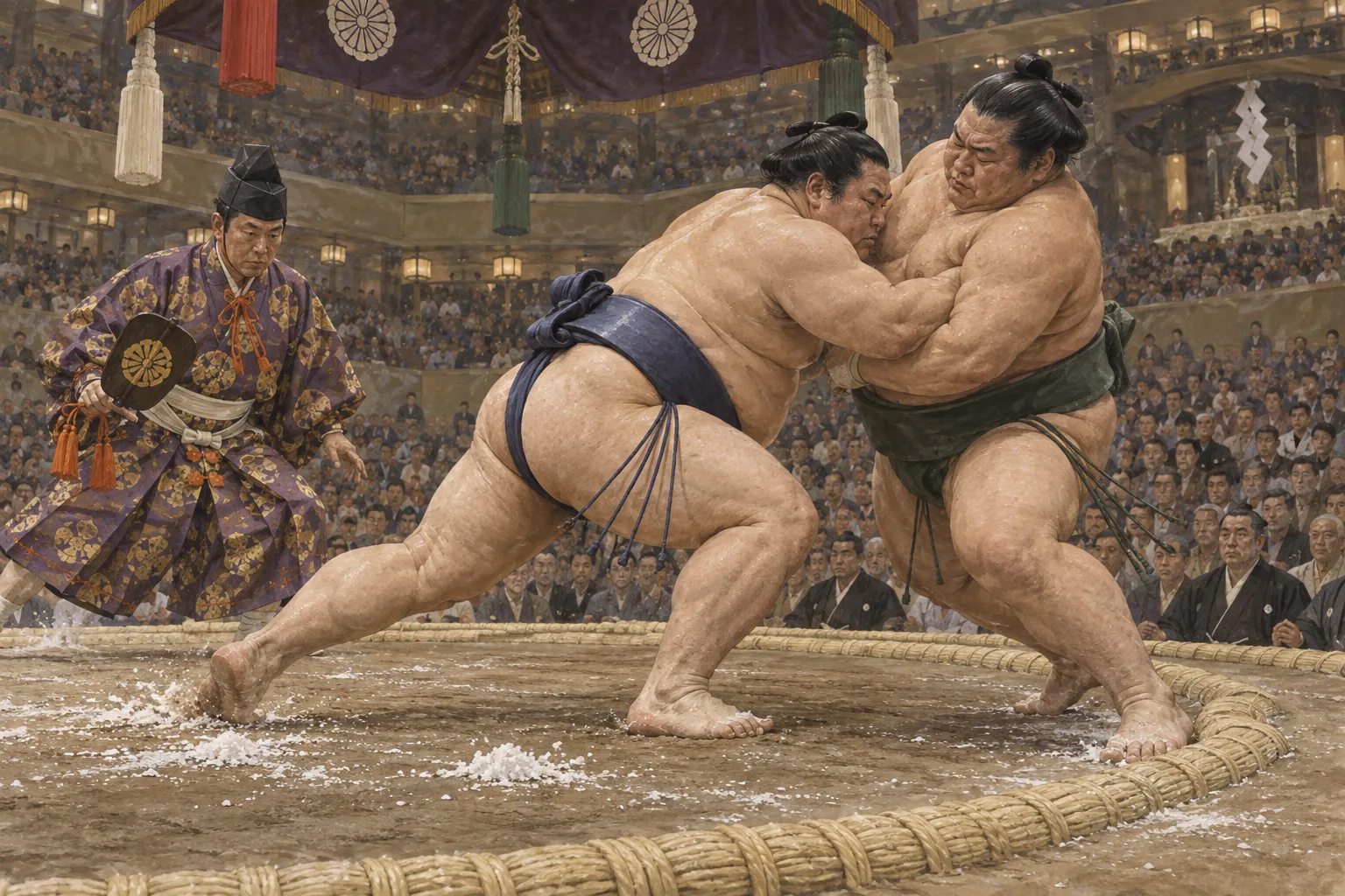 土俵中央で激しく組み合う大相撲の力士
