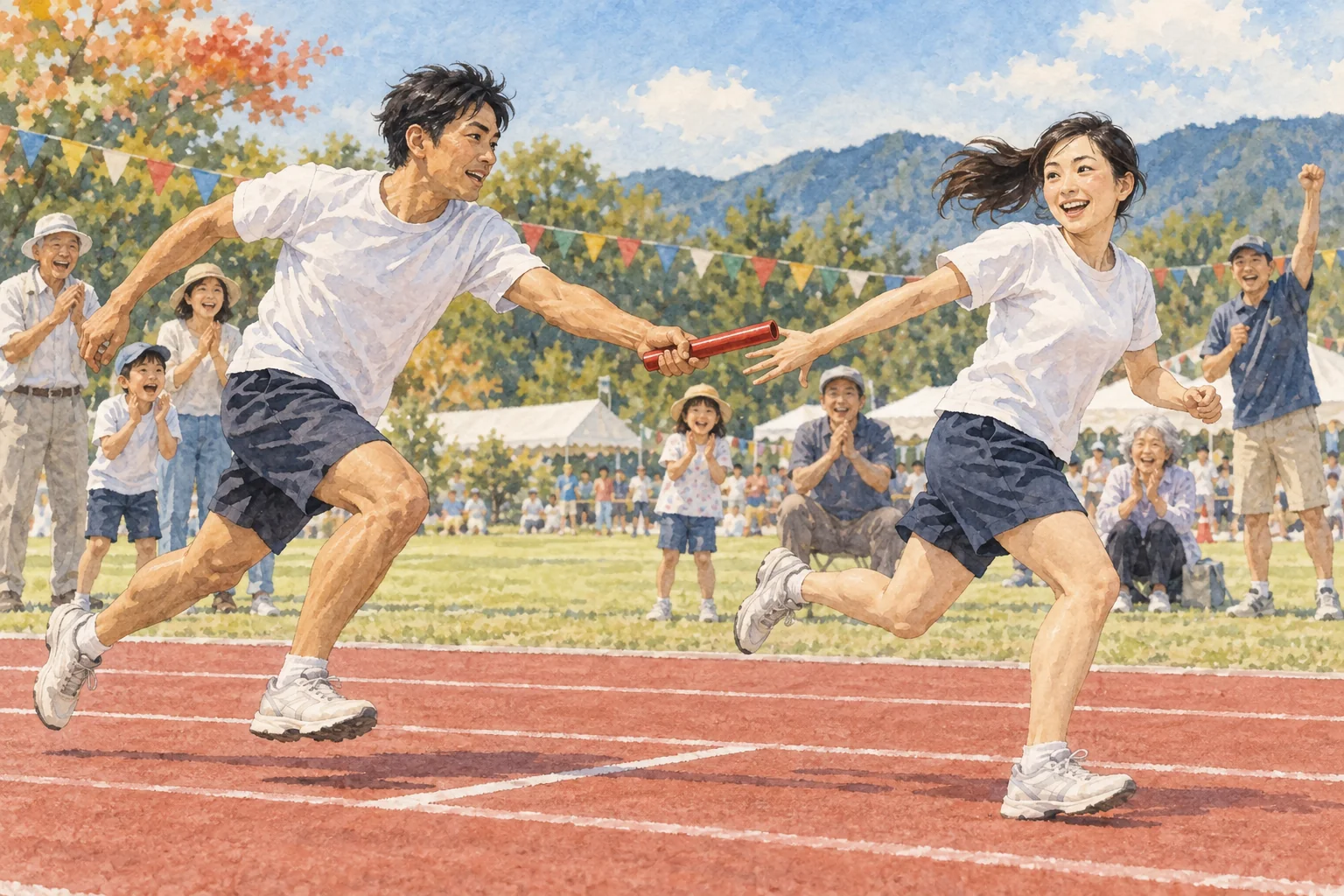 秋の運動場でリレーを楽しむ地域の人々