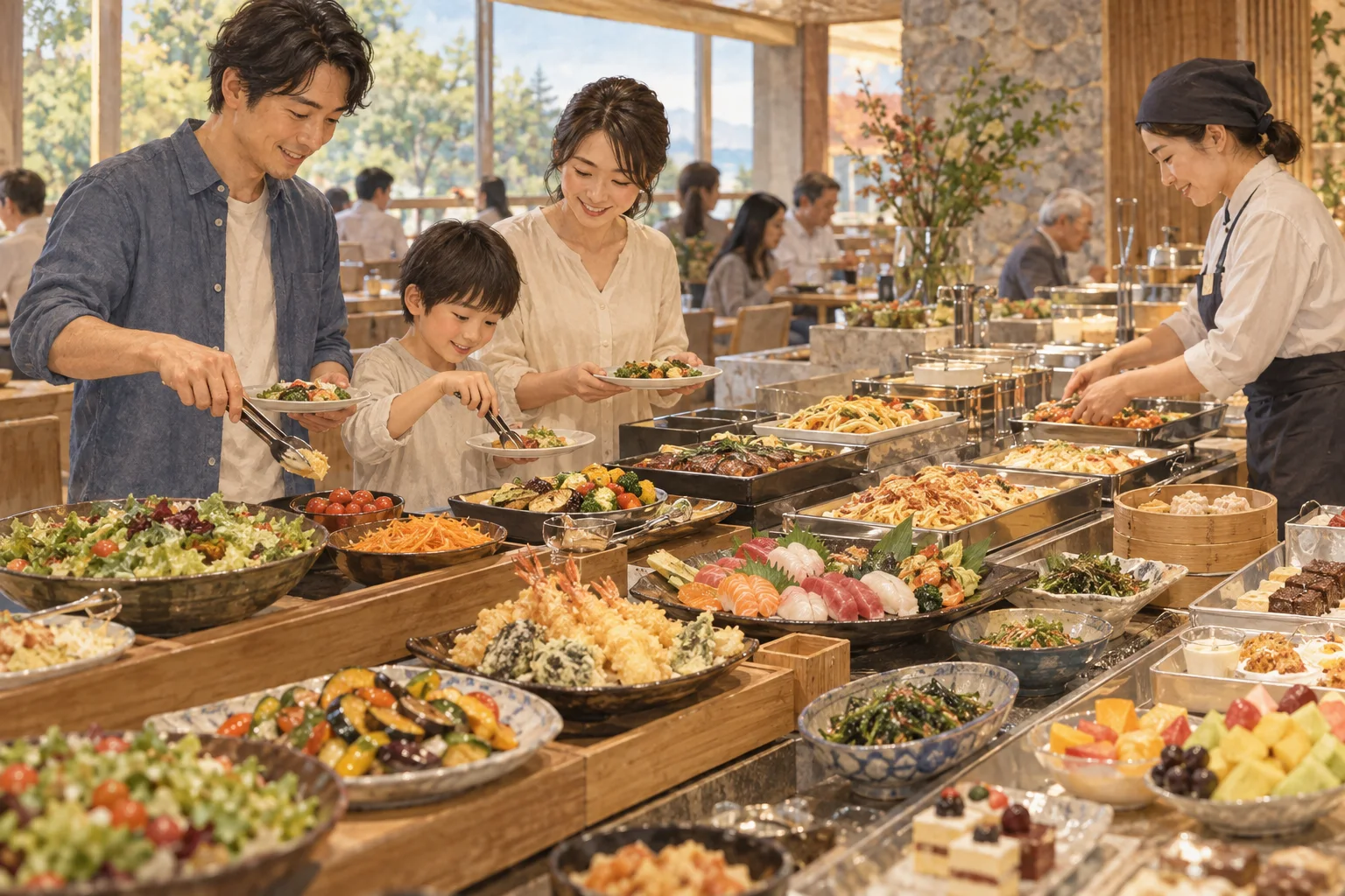 A family choosing dishes at a Japanese tabehodai buffet.